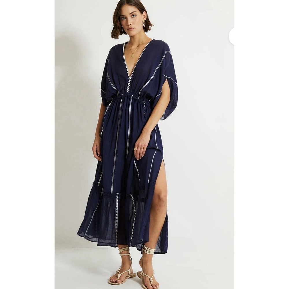 Lemlem LEILA Plunge Dress Nunu Navy Blue/white  Medium